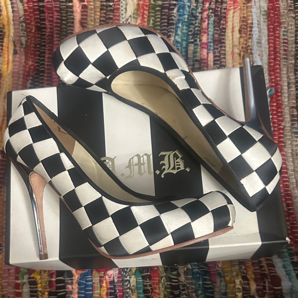L.A.M.B. Checkerboard Satin High Heel Pumps - Black & White